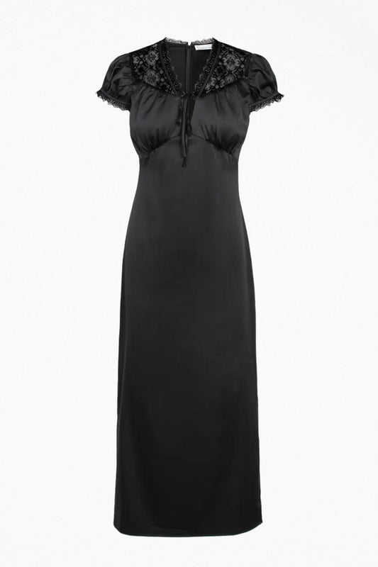 LACE-TRIMMED SATIN MIDI DRESS