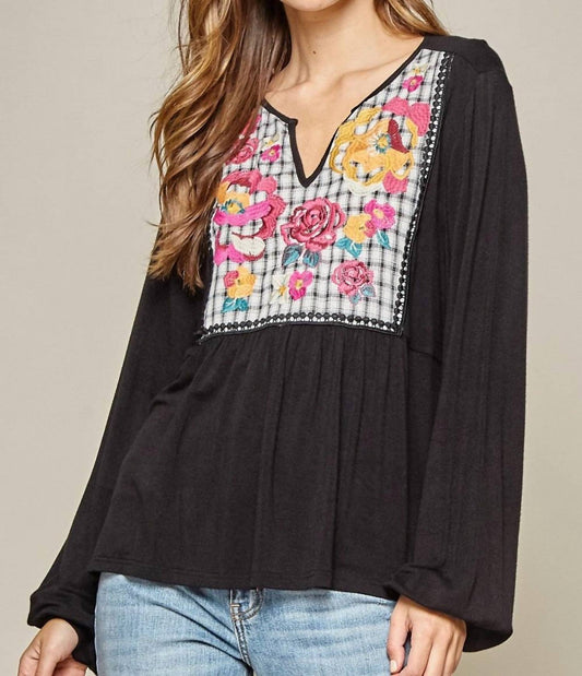 Andree By Unit - Embroidered Plaid Babydoll Top