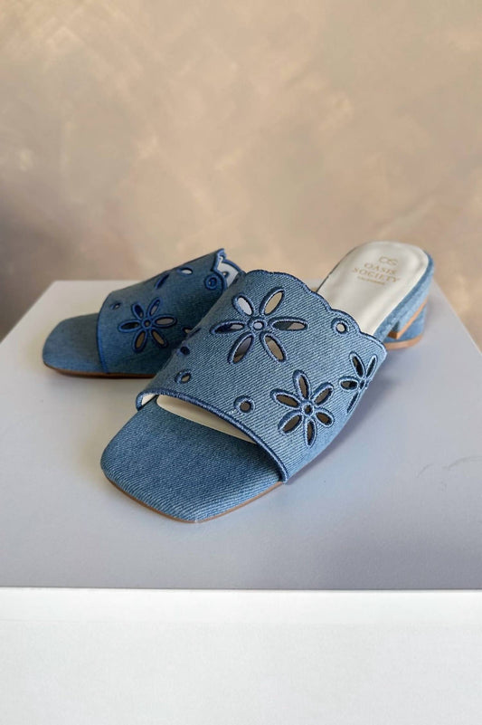 Oasis Society - Women's Manila Denim Eyelet Flower Heel Sandals