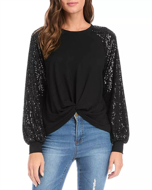 Karen Kane - Sequin Sleeve Twist Front Top