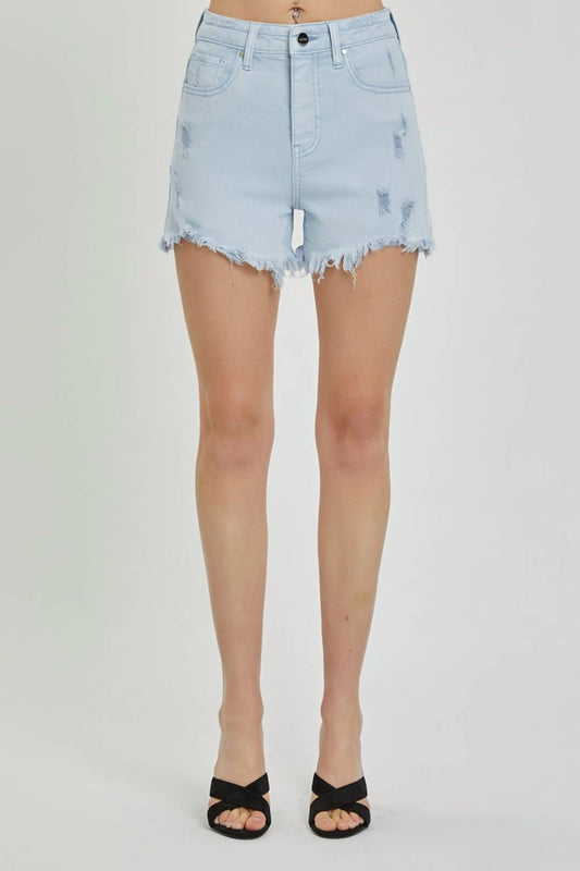 Risen - High Waist Distressed Light Denim Shorts