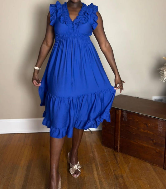 Umgee - Bekah Ruffle V-neck A-line Midi Dress