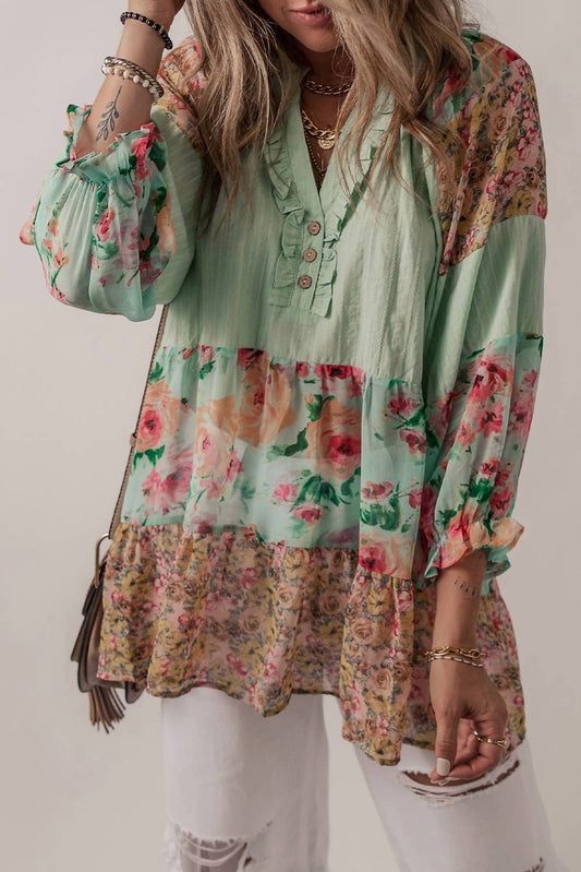 Umorger - Printed Floral Patchwork Frilled Split Neck Blouse