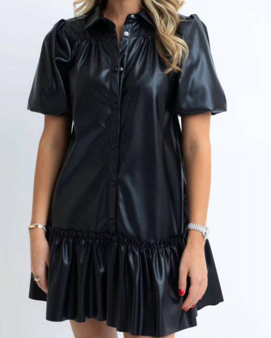 Karlie - Solid Pleather Puff Sleeve Ruffle Dress
