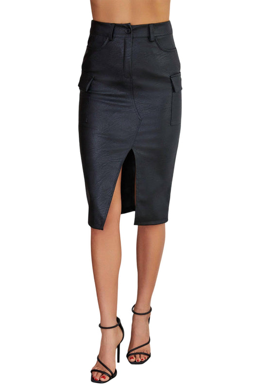 Venti6 - Romana Cargo Pocket Vegan Leather Midi Skirt