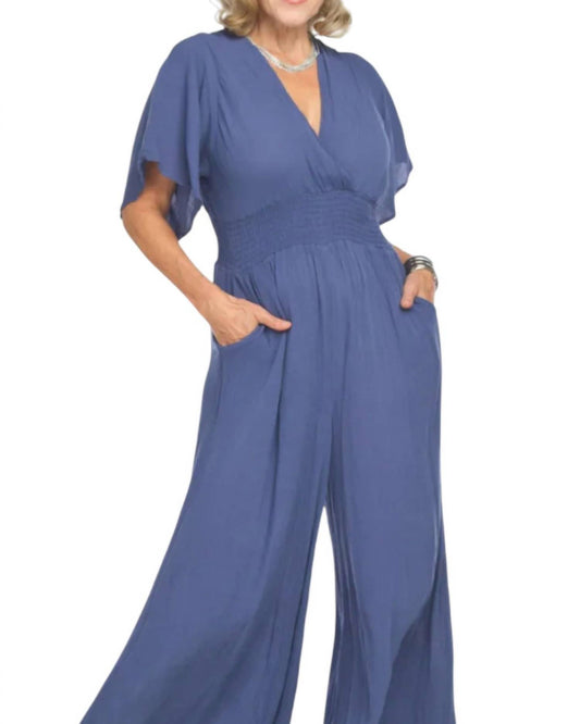 Papillon - Smocked Waist Short Sleeve Wide Leg Jumpsuit