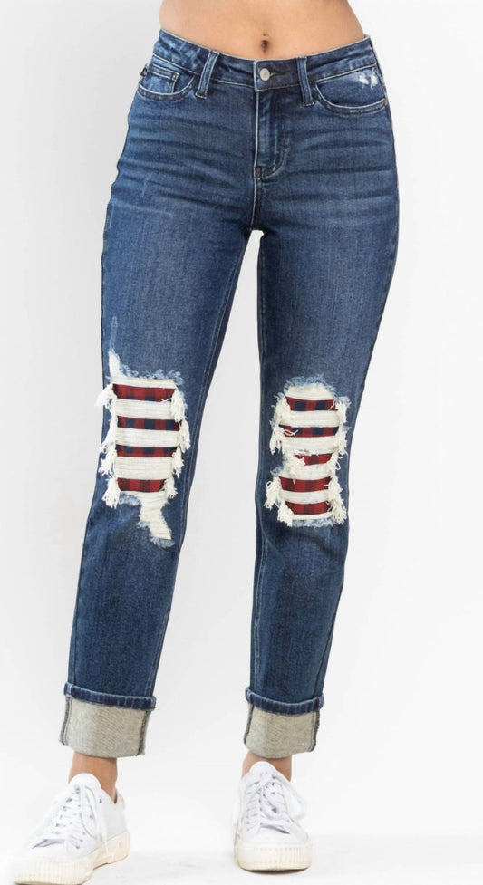Judy Blue - Buffalo Plaid Knee Jeans