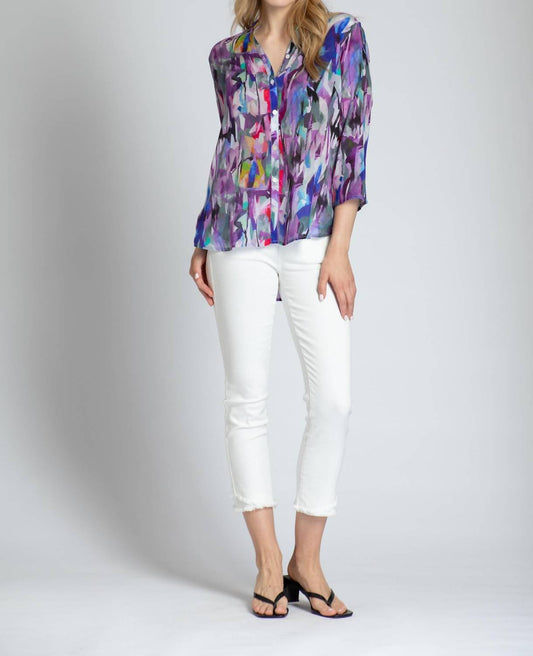 Apny - Brush Stroke ¾ Sleeve Mandarin Collar Button Up Blouse