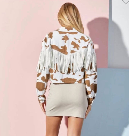 Baevely By Wellmade - Midnight Rodeo Cow Print Tassel Denim Jacket
