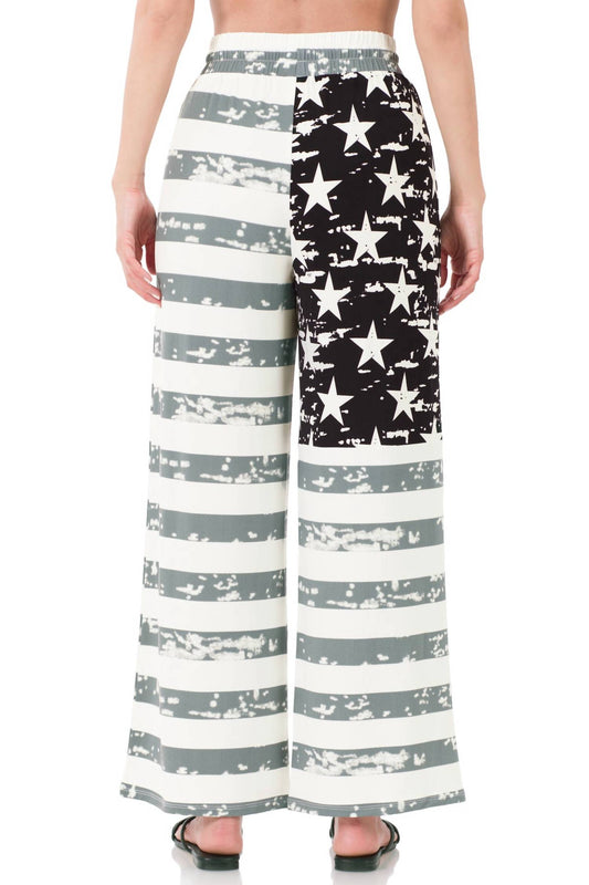 Zenana - Women's American Flag Drawstring Wide Leg Pants
