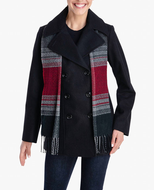 London Fog - Double Breasted Peacoat With Scarf