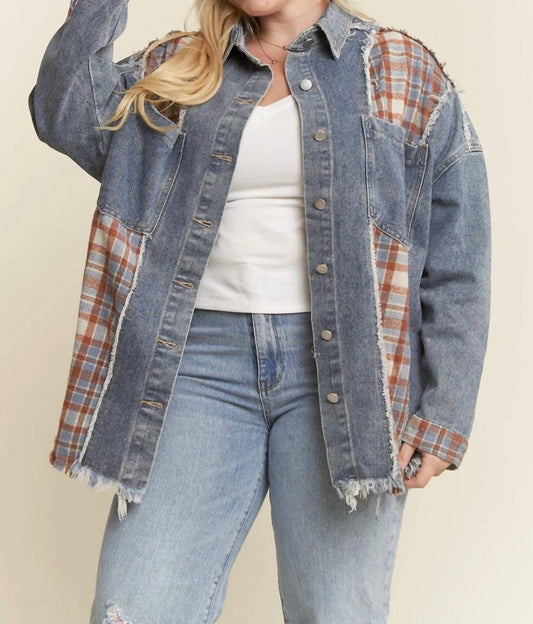 Jade By Jane - Plaid Color Block Jacket With Unfinished Hem - Plus