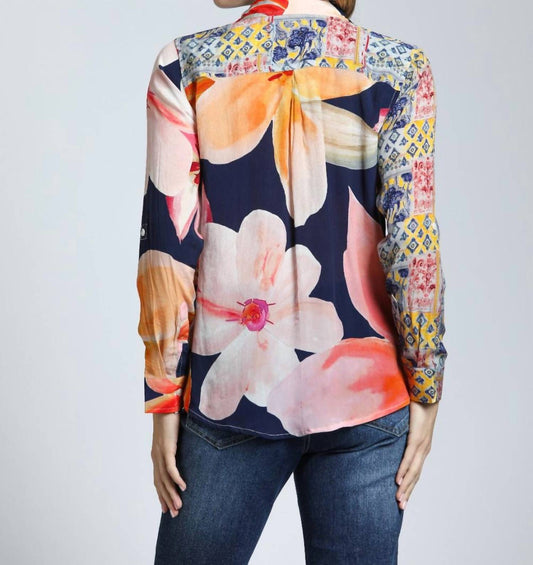 Apny - Mixed Media Floral Patchwork Button Up Blosue