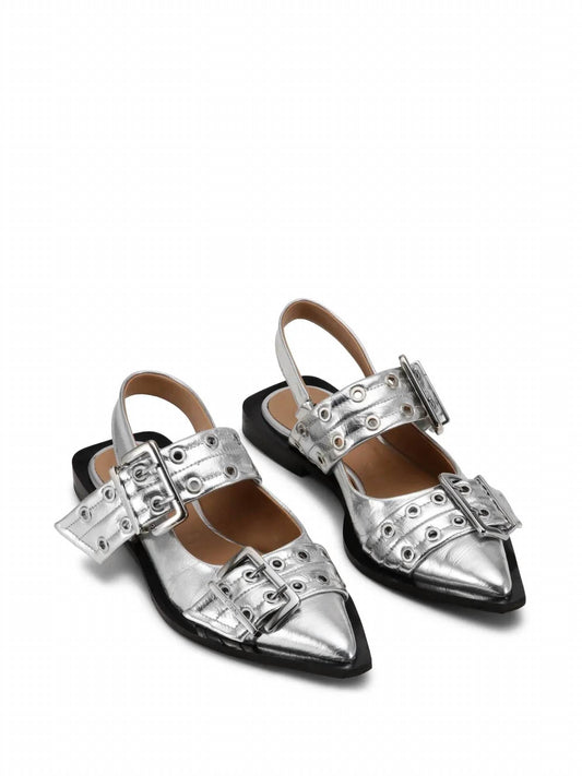 Ganni - Women's Feminine Buckle Ballerina Metallic Sandals