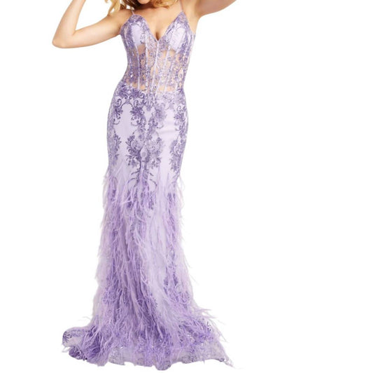 Jovani - Corset Bodice Feather Skirt Dress