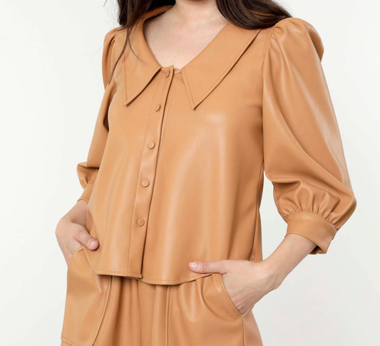Dolce Cabo - Hollie Faux Leather Blouse with Puff Sleeves