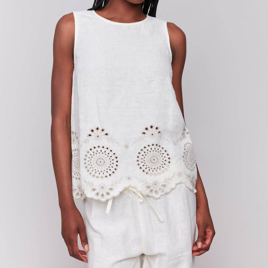 Charlie B - Linen Sleeveless Eyelet Embroidered Top