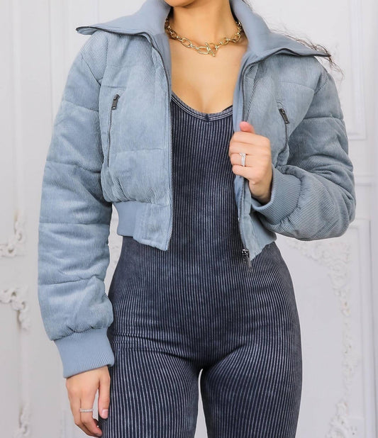 Surelymine - Keep Up With Me Crop Corduroy Full Zipper Puffer Jacket