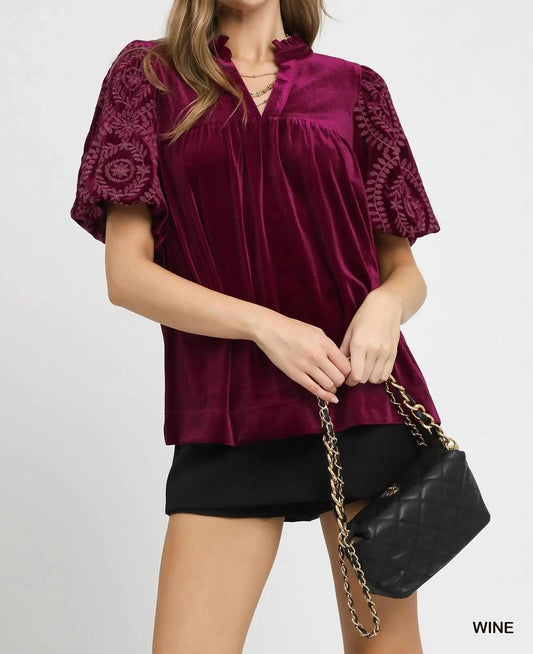 Umgee - Velvet Embroidered Sleeve Top