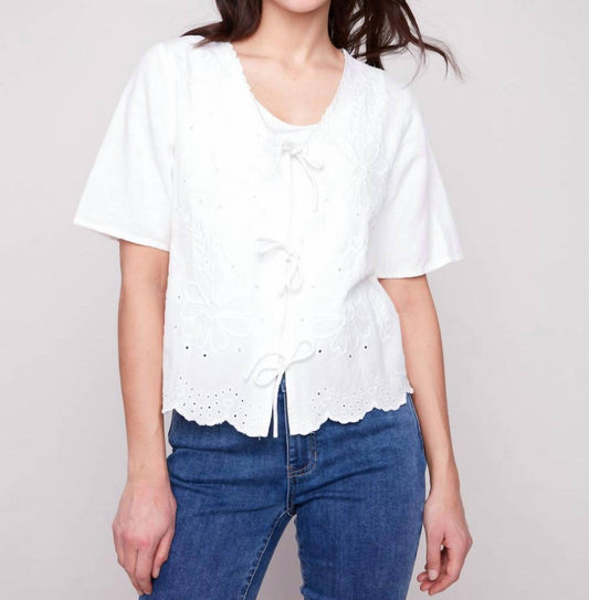 Charlie B - Elbow Sleeve V-neck Embroidered Blouse