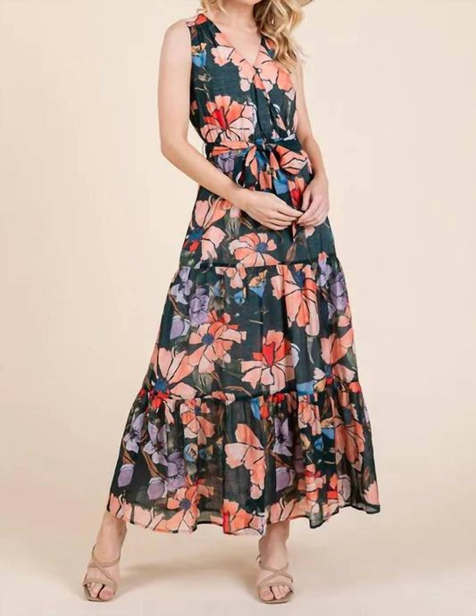 Lime N Chili - Floral Print Sleeveless Tie Waist Maxi Dress