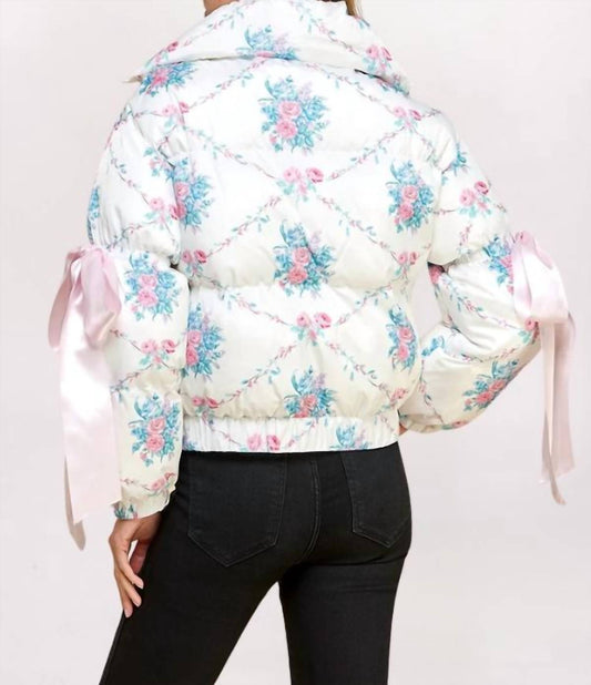 Pretty Follies - Long Sleeve Floral Ribbon Puffer Coat