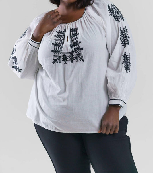 Karen Kane - Cotton Embroidered Long Sleeve Peasant Top - Plus