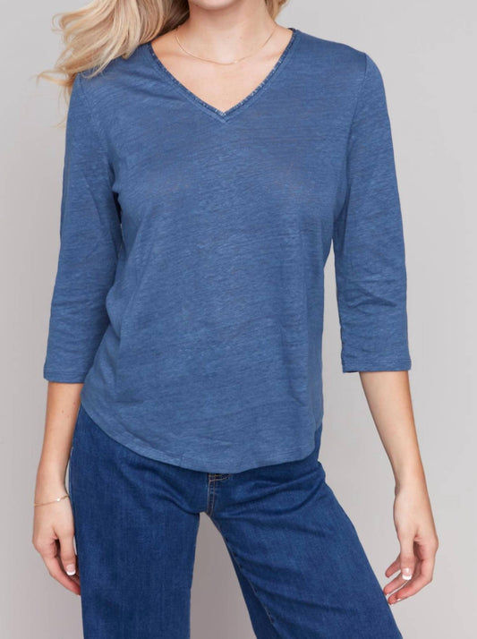 Charlie B - Quarter Sleeve Linen Blend Top With Neck Trim