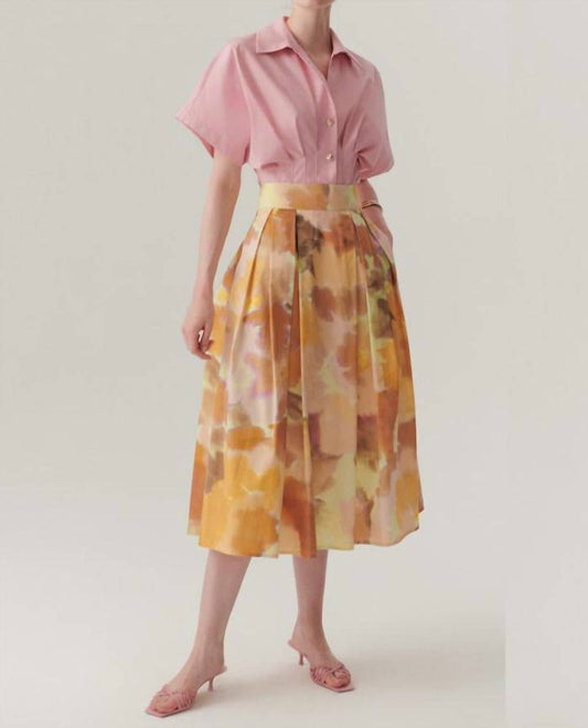Exquise - Valentina Watercolor Print Pleated Midi Skirt