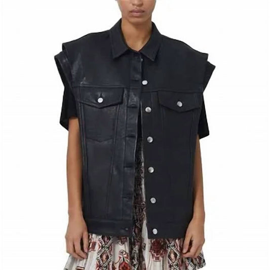 Iro - Sleeveless Leather Oversized Button Front Vest