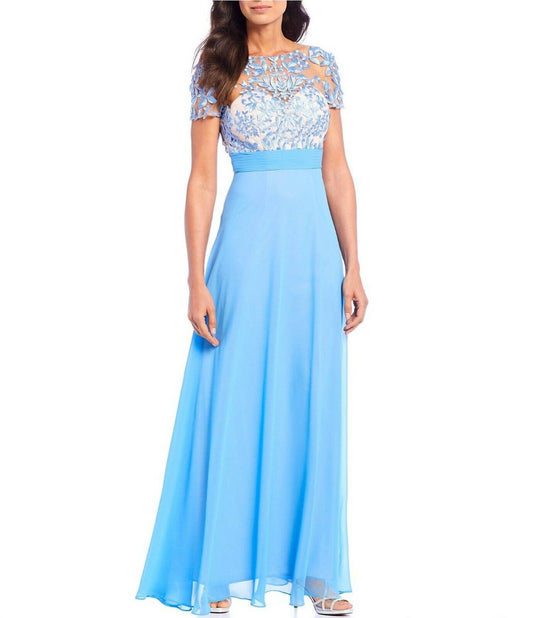 Js Collections - Embroidered Floral Illusion Mesh Chiffon Gown