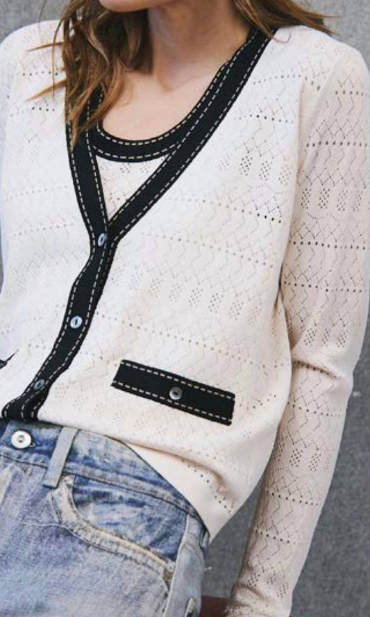 Autumn Cashmere - Pointelle V-neck Saddle Stitching Cardigan