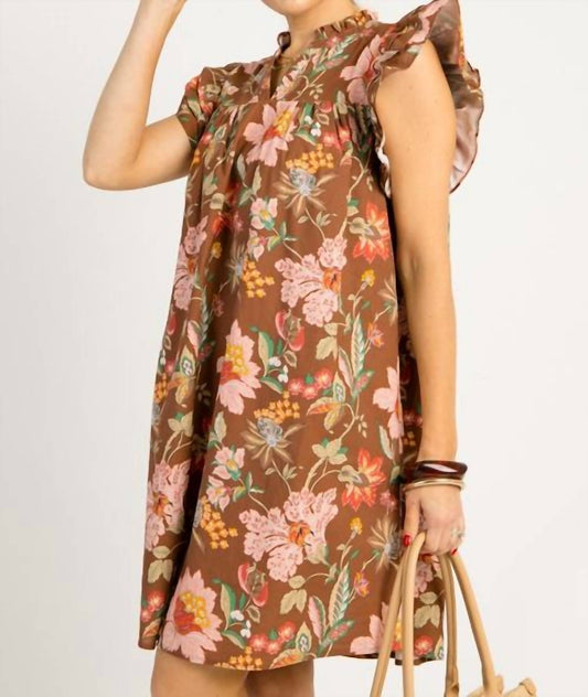 Gigio - Floral Split Neck Mini Dress With Ruffle