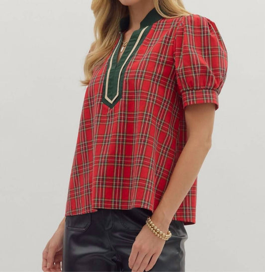 Entro - Plaid Patterned V-neck Top