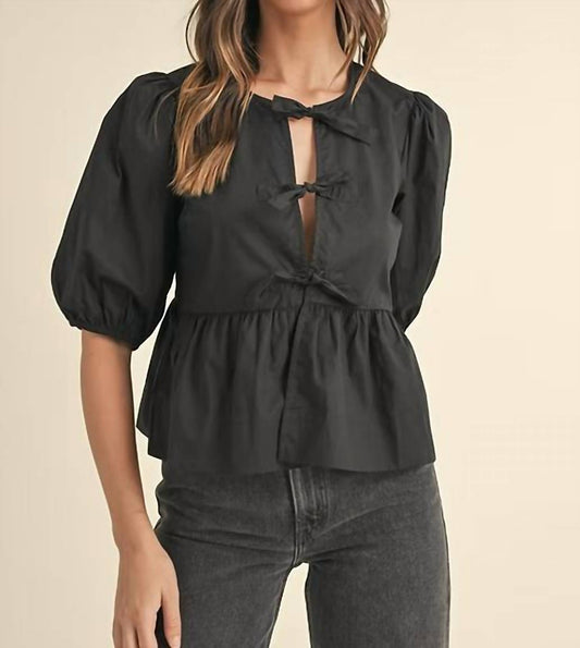 Mable - POPLIN FRONT SELF TIE PEPLUM TOP