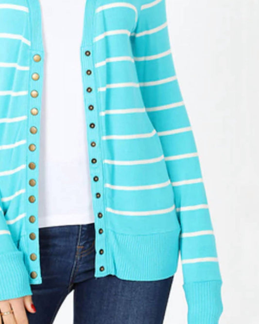 Zenana - Striped Snap Full Sleeve Cardigan