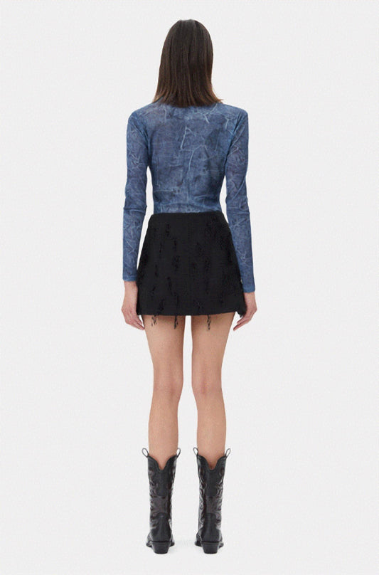 Ganni - Printed Mesh Long Sleeve Crew Neck Top