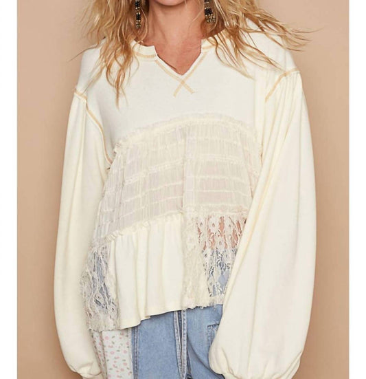 Pol - Balloon Lace Contrast Knit Top