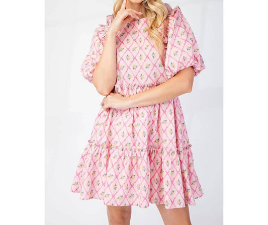 Bns - Printed Puff Sleeves Mini Ruffle Dress