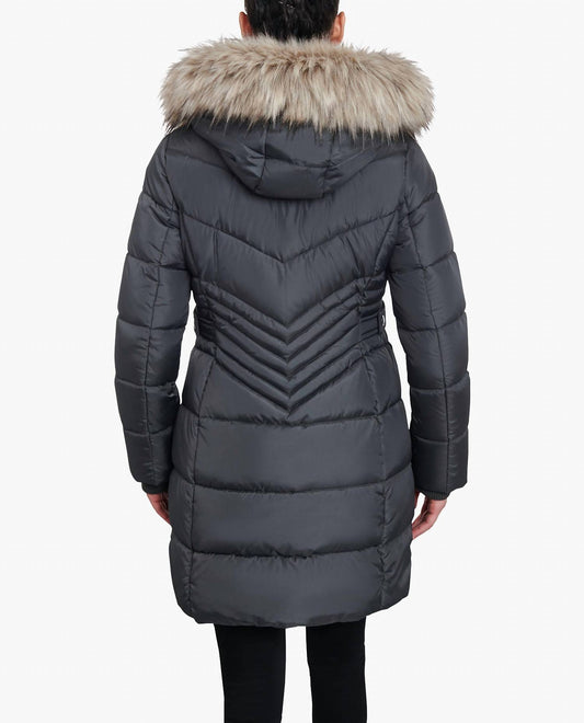 London Fog - Plus Size Zip-front Long Length Puffer Jacket With Zip-off Fur Trim Hood