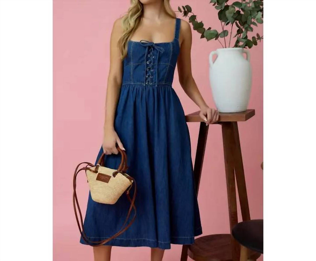 Blu Pepper Sleeveless Lace-Up Denim Midi Dress - Denim