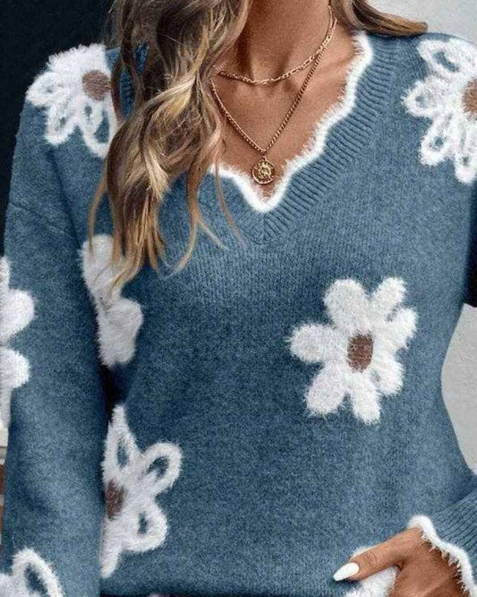 Masyal - Floral Jacquard V-neck Sweater