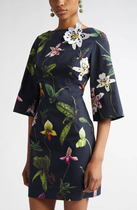 Oscar De La Renta - Three Quarter Bateau Neck Poplin Dress