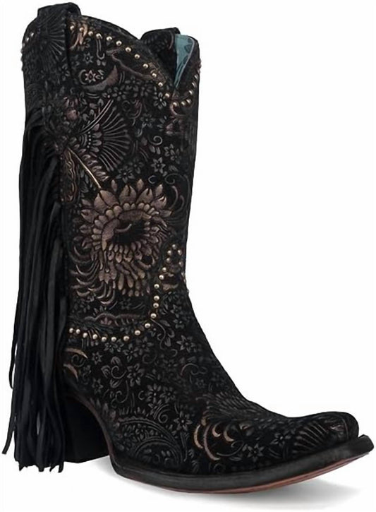 Corral - Stamped Floral Suede And Studs With Fringe Boot