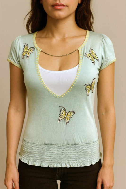 Paparazzi - Chained V-neck Top With Embroidery & Beaded Works