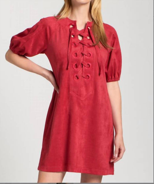 Apny - Vegan Suede Lace-up Puff Sleeved Dress