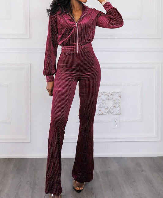 Surelymine - Glam Babe Velvet Two Pieces Set Bomber Jacket and Flare Pants