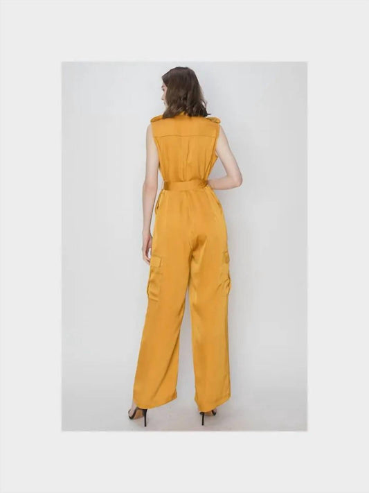 Ina Fashion - Satin V-Neck Side Pockets Cargo Pants Jumpsuit