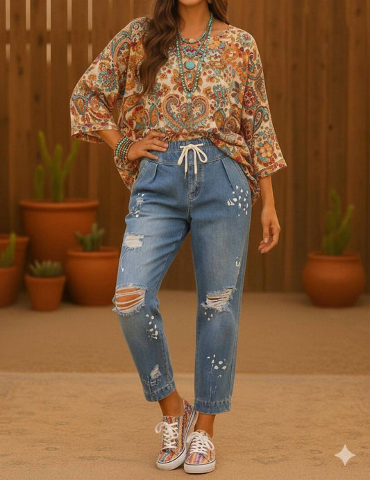 Little Secret Of Mine - Distressed Stretch Fit Balloon Paint Splash Denim Tapper Jean