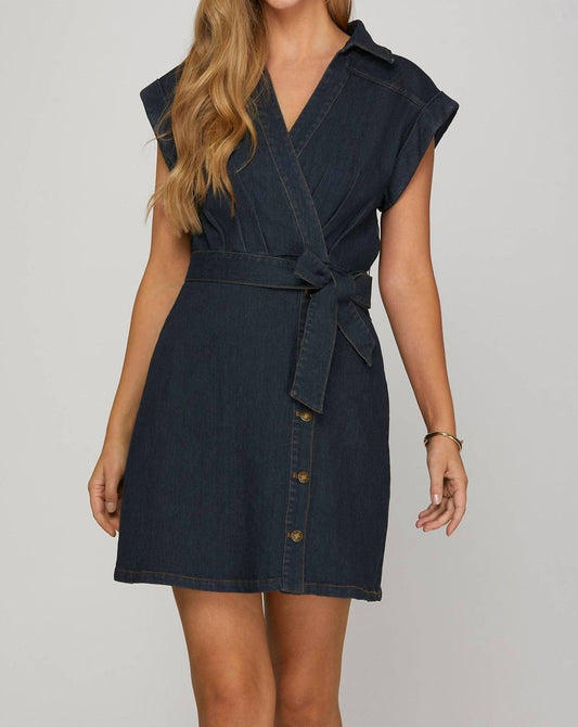 She + Sky - Short Sleeve Surplice V-neck Denim Mini Dress